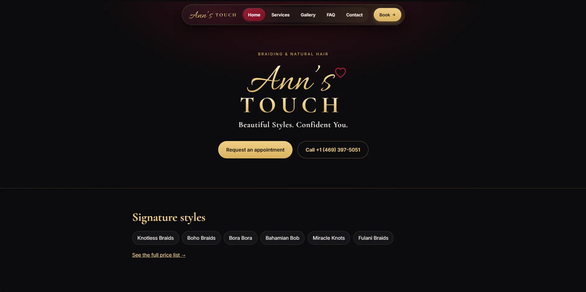 The Ann's Touch homepage, with the gold script wordmark on black above the appointment buttons and style links