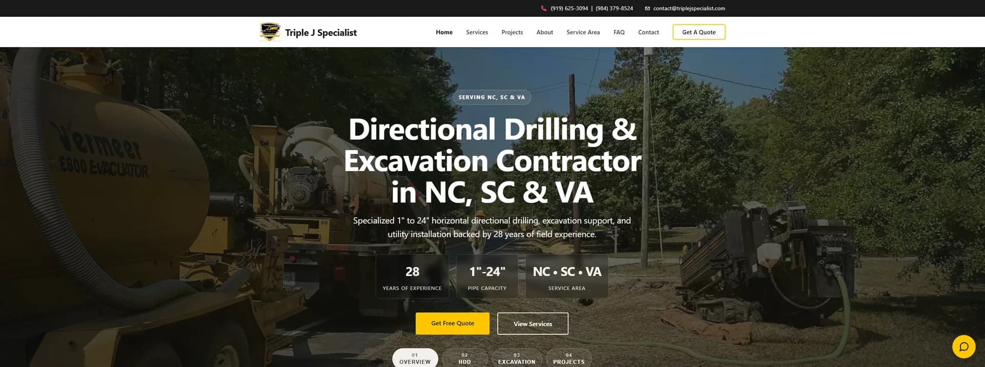 The Triple J Specialist homepage, with a jobsite drilling rig photograph behind the headline and service area panels
