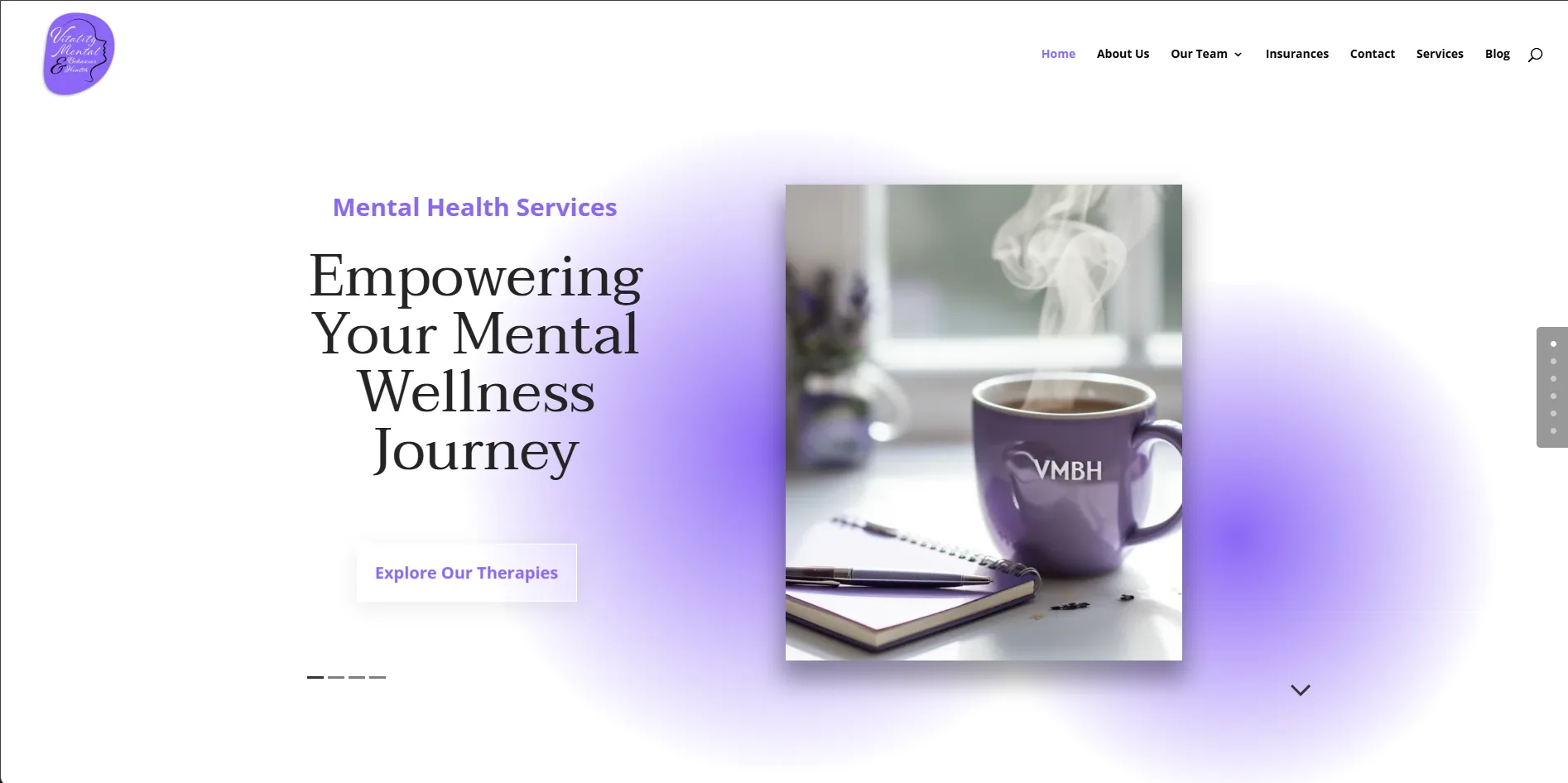 The Vitality homepage, with the script logo and nav above the headline Empowering Your Mental Wellness Journey
