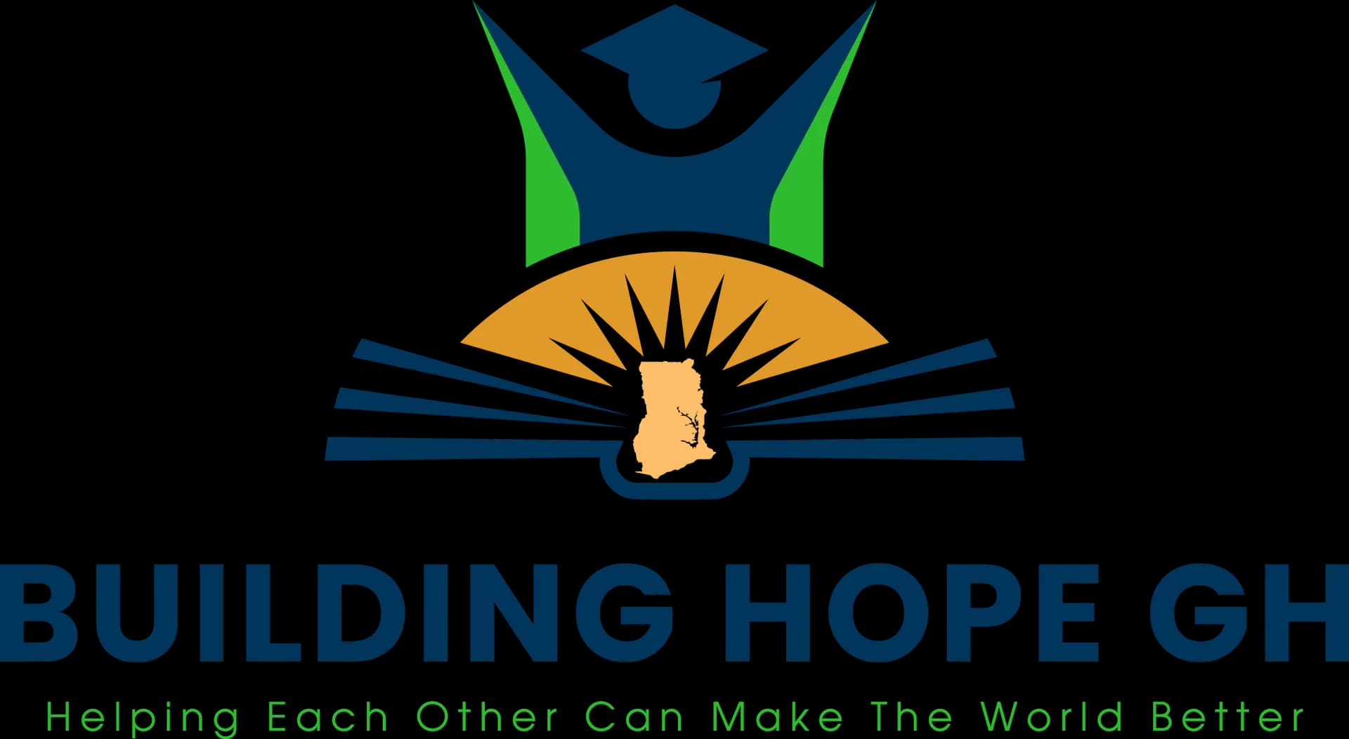The Building Hope GH logo, a graduating figure above an open book with a sunrise and the outline of Ghana