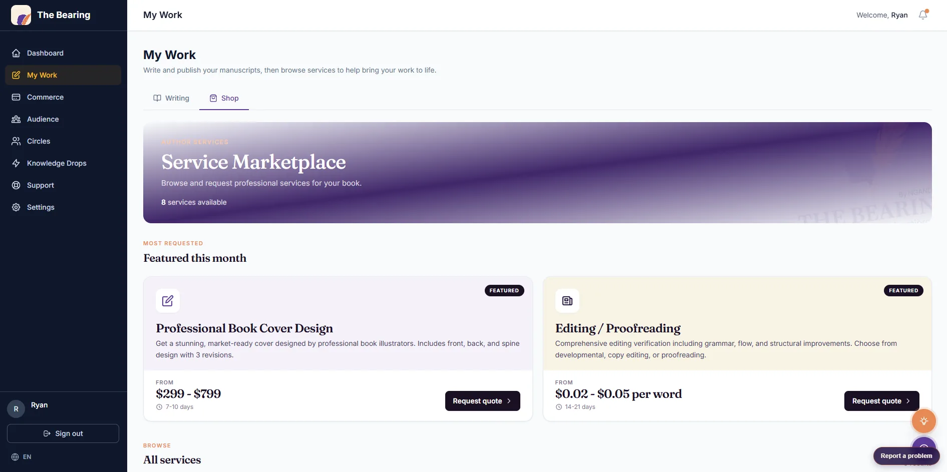 The Bearing service marketplace, with featured cover design and editing listings showing price ranges and turnarounds