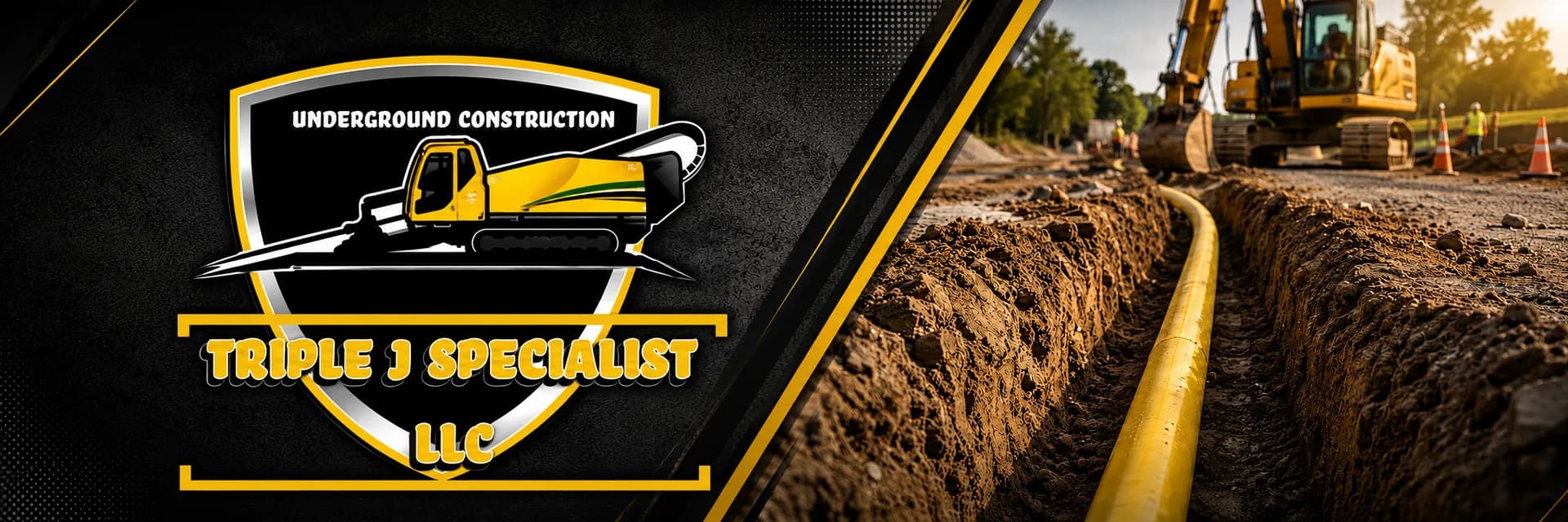 The Triple J Specialist shield logo beside a trench with newly laid yellow gas pipe and an excavator